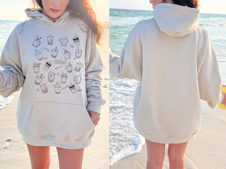 Boba Tea Hoodie - Doodle Art Unique Hoodie Sweatshirt - Milk Tea Lover Gift for Her Gifts Holiday Sweatshirt Hoodie
