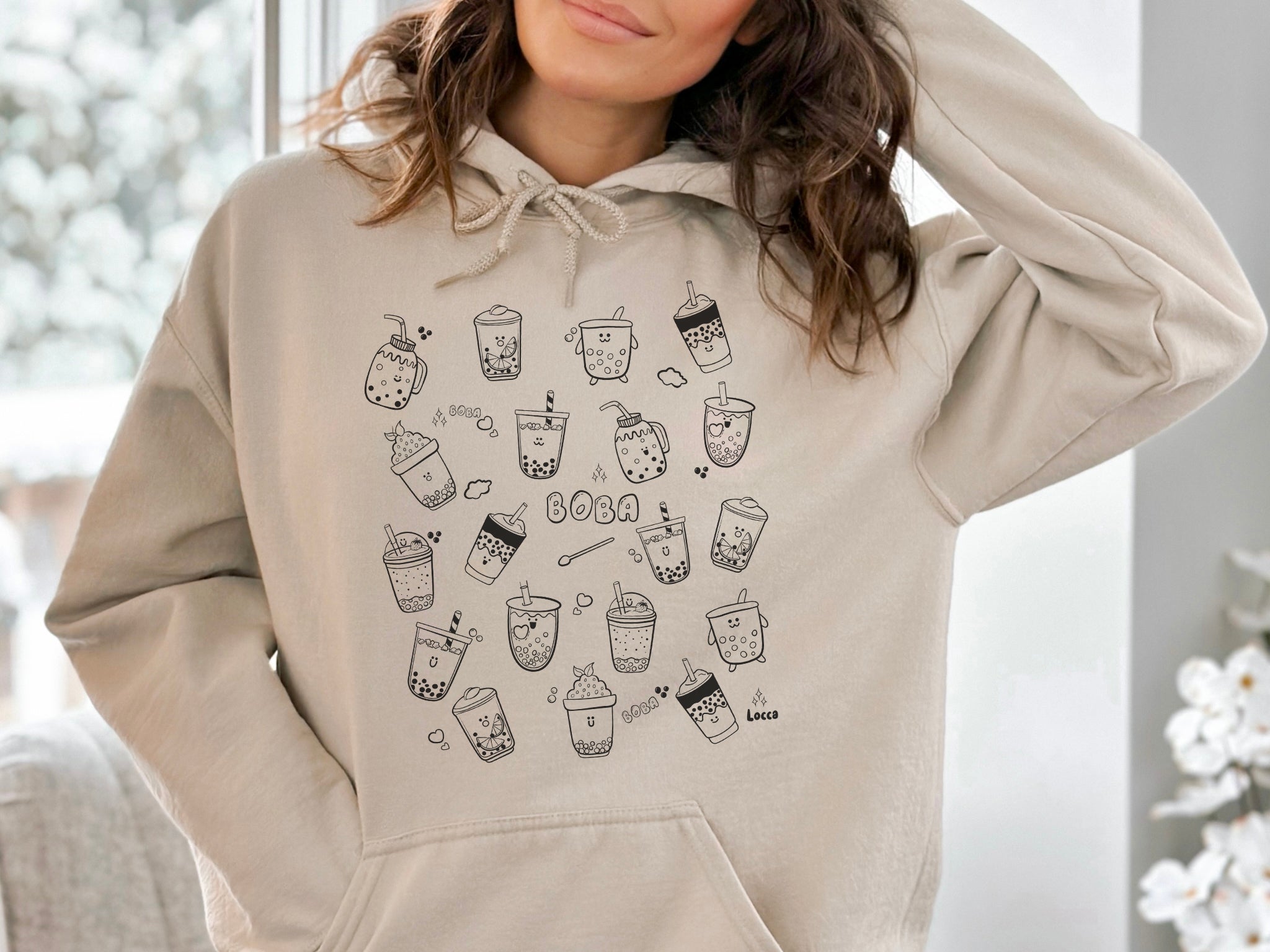 Boba Tea Hoodie - Doodle Art Unique Hoodie Sweatshirt - Milk Tea Lover Gift for Her Gifts Holiday Sweatshirt Hoodie
