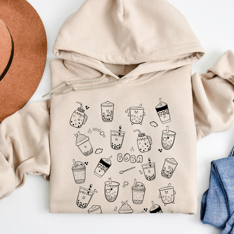 Boba Tea Hoodie - Doodle Art Unique Hoodie Sweatshirt - Milk Tea Lover Gift for Her Gifts Holiday Sweatshirt Hoodie