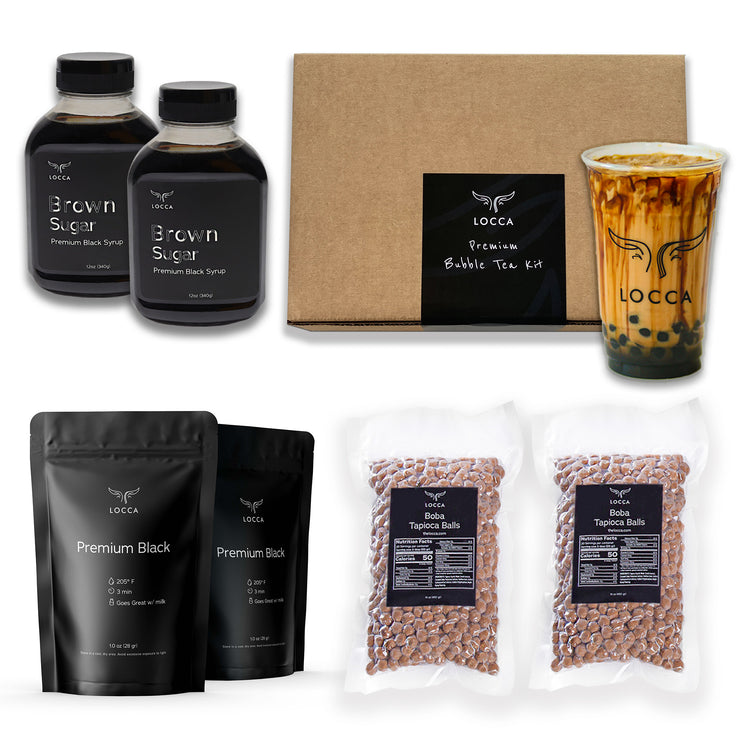 Locca Brown Sugar Boba Tea Kit gift box with two brown sugar syrups, two black tea pouches, two bags of tapioca pearls and a brown sugar milk tea
